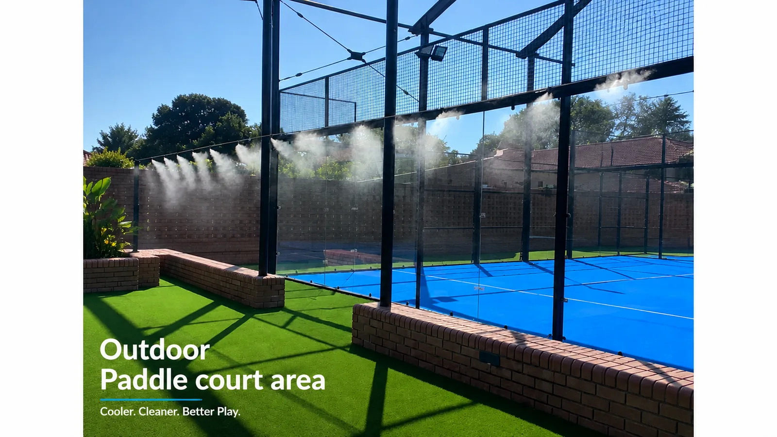 Misting system cooling a blue outdoor padel court along the fence line