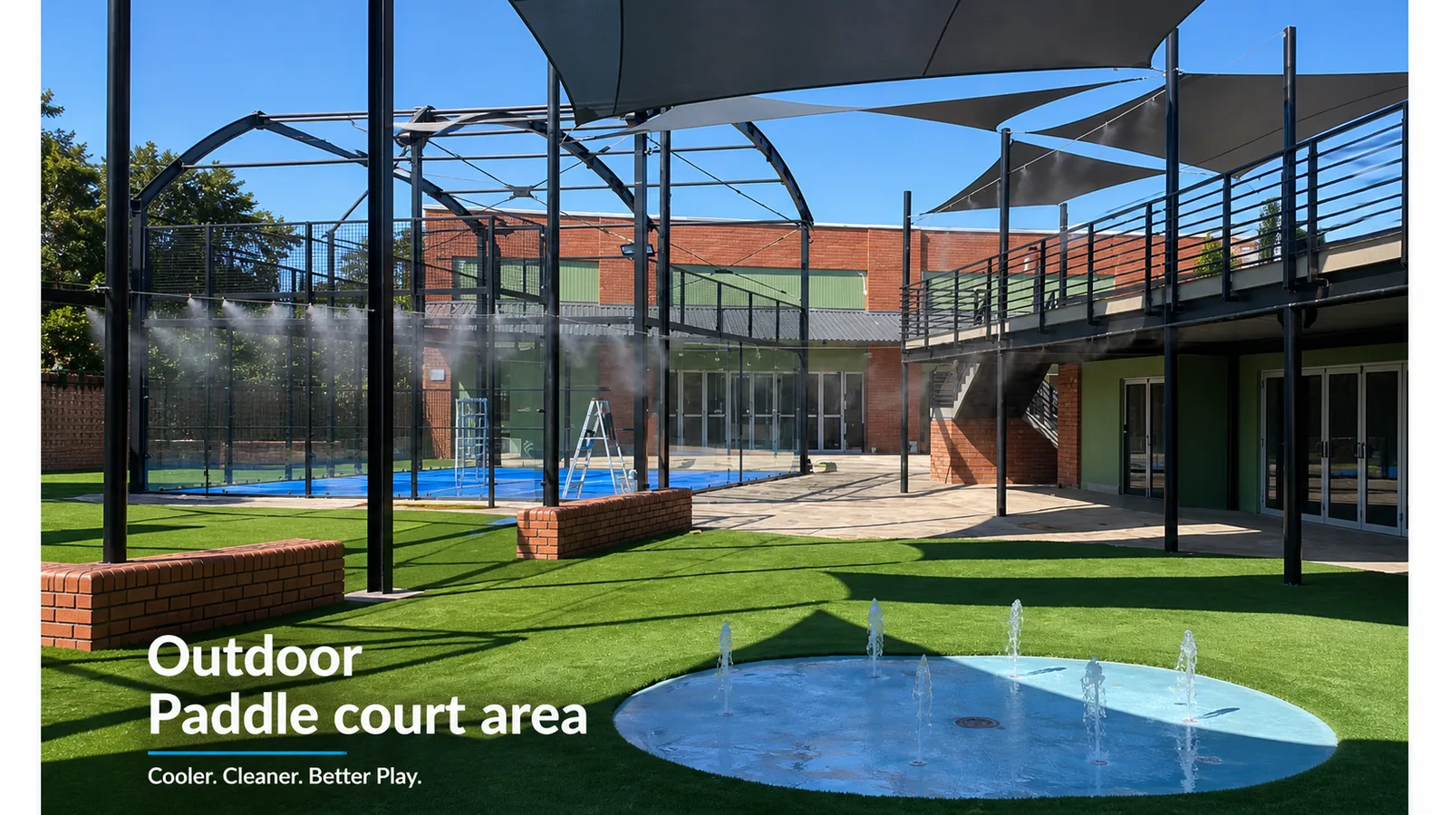 Wider view of a padel court venue with misting and water features